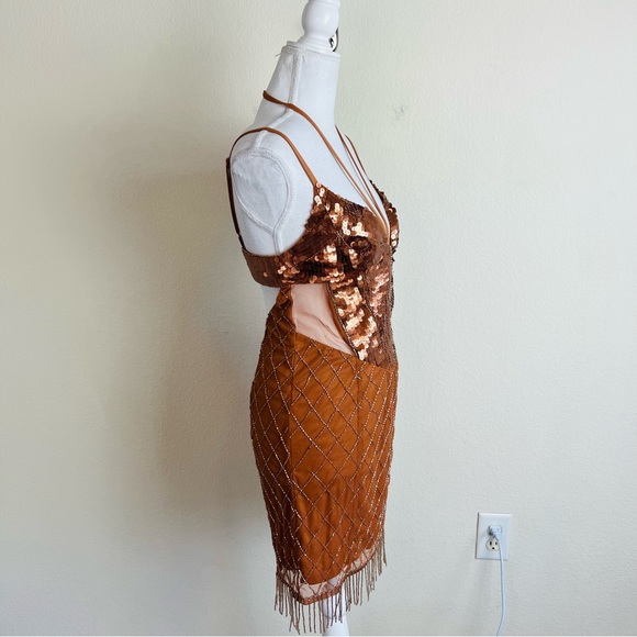 NWT ASOS Bronze Sequin Embellished Butterfly Mesh Fringe Beaded Mini Dress - Picture 4 of 13